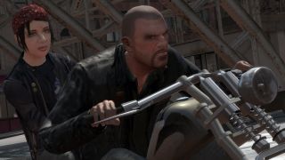 Ashley rides on the back of the motorbike in GTA 4's The Lost and the Damned DLC