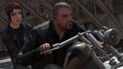 Ashley rides on the back of the motorbike in GTA 4's The Lost and the Damned DLC
