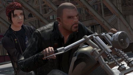 Ashley rides on the back of the motorbike in GTA 4's The Lost and the Damned DLC