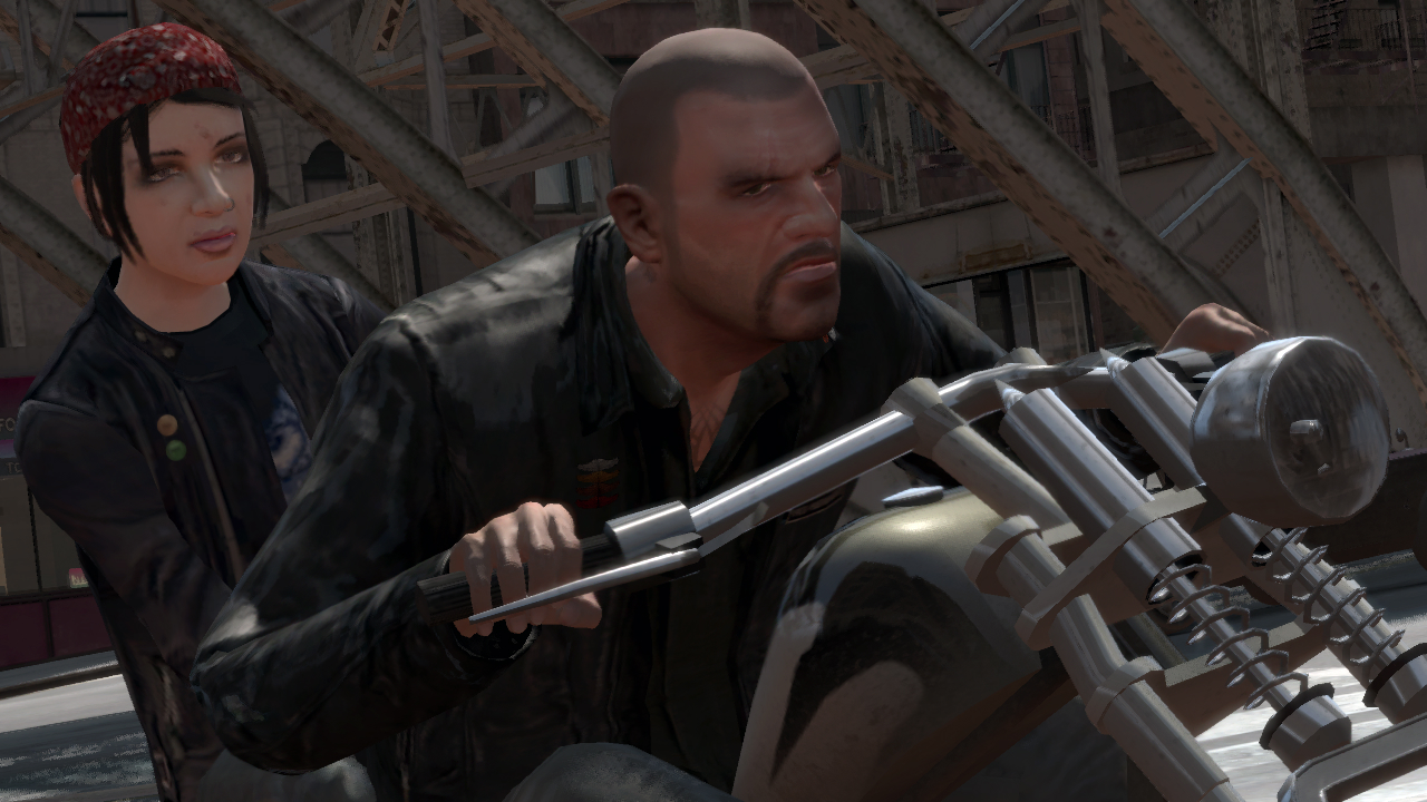 Ashley rides on the back of the motorbike in GTA 4's The Lost and the Damned DLC