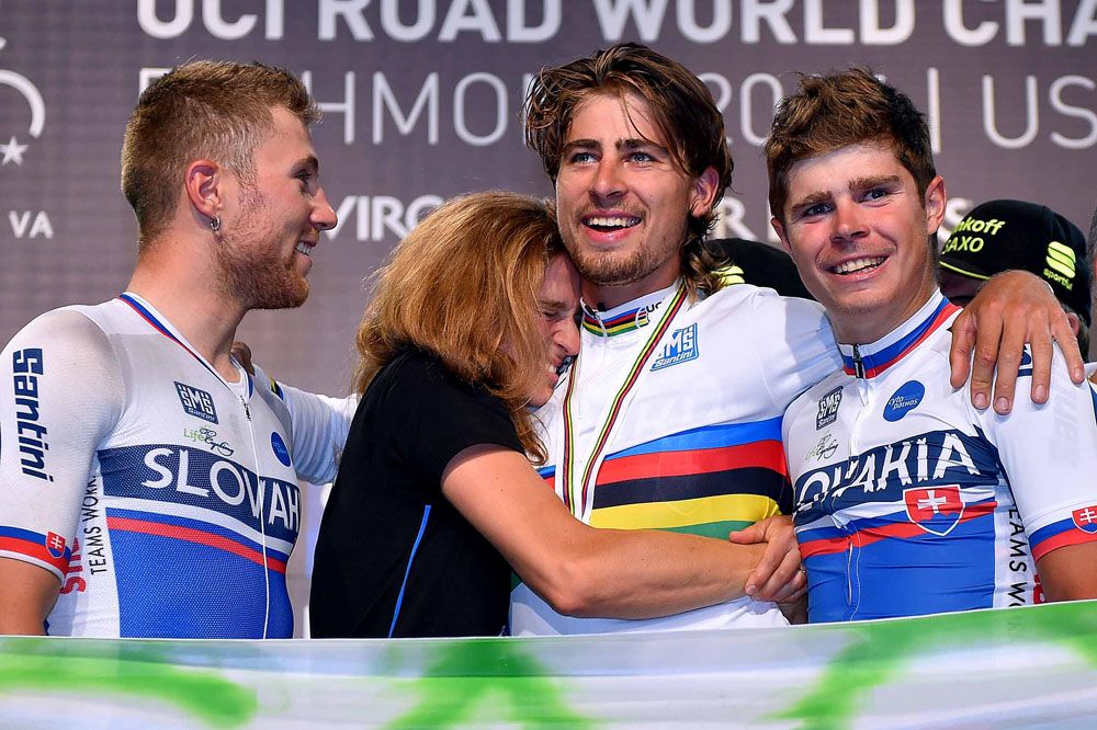 Peter Sagan all smiles wearing the rainbow stripes