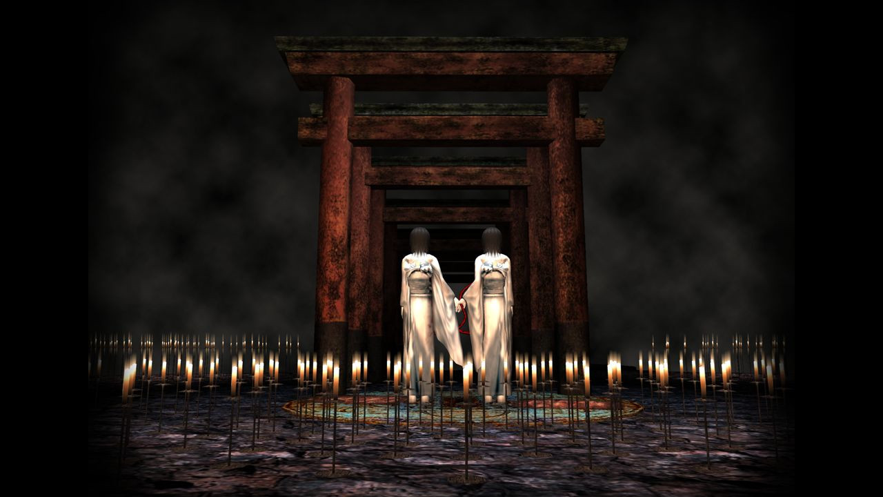 Twins stand before a shrine gate in Fatal Frame 2: Crimson Butterfly