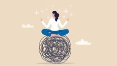 Illustration of woman sitting on top of a messy ball of lines in the lotus meditation position, representing how to lower cortisol levels through mindfulness