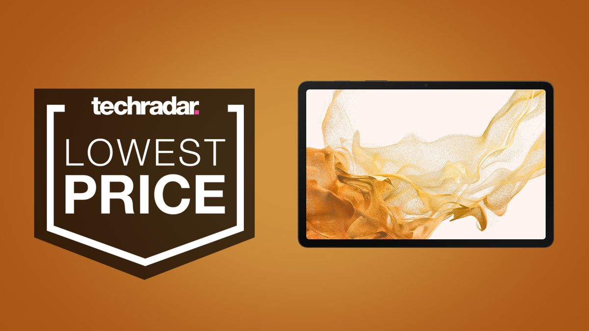 The Samsung Galaxy Tab S8 on an orange background, beside text that reads &#039;lowest price&#039;