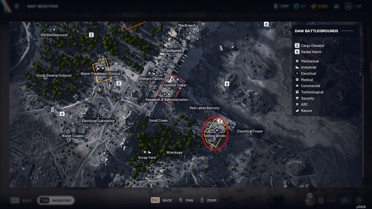 Arc Raiders laboratory reagents: A map of Buried City with a red oval highlighting the Testing Annex area.