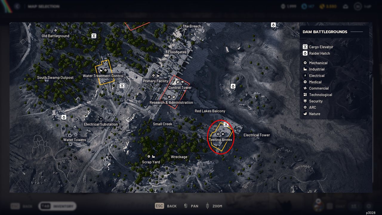 Arc Raiders laboratory reagents: A map of Buried City with a red oval highlighting the Testing Annex area.