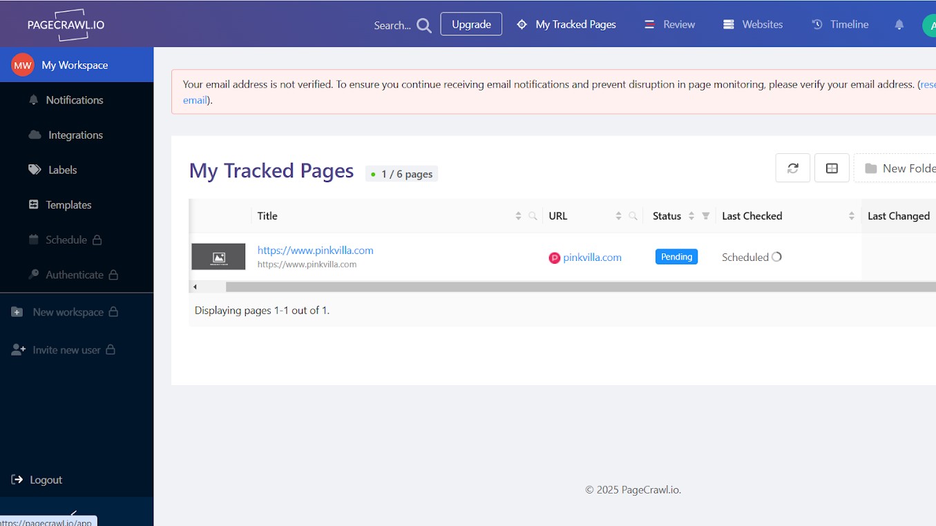 PageCrawl dashboard