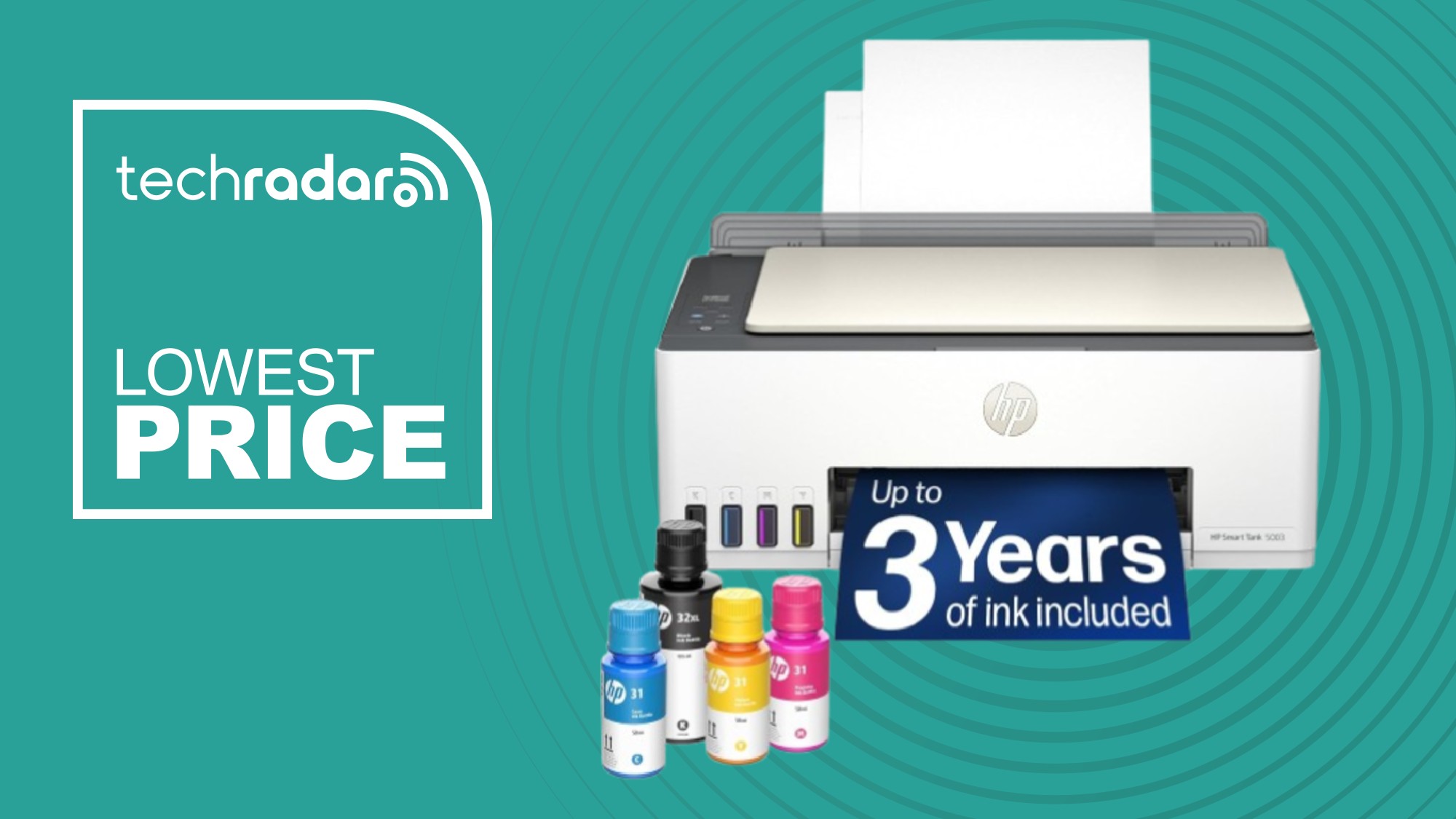 The HP Smart Tank 5003 on a green background next to a white TechRadar badge in the upper left that reads 'Lowest Price'