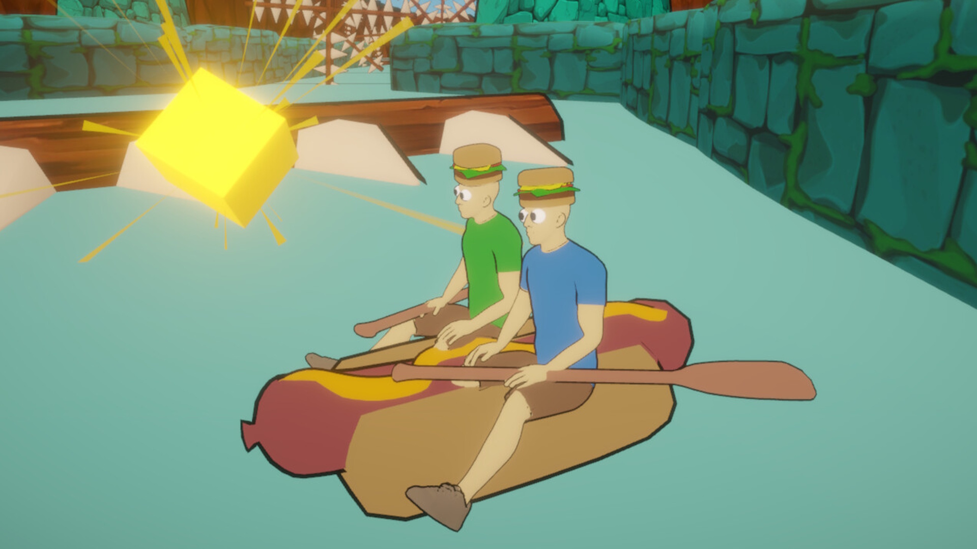 Paddle Paddle Paddle screen - two guys sitting side by side on a giant hot dog, holding paddles, staring at a floating gold nugget