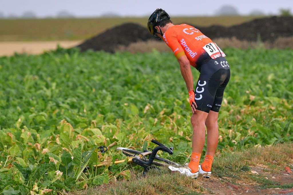 WAVRE BELGIUM AUGUST 17 Greg Van Avermaet of Belgium and CCC Team Crash Injury during the 41st Tour de Wallonie 2020 Stage 2 a 1723km stage from Frasnes Lez Anvaing to Wavre TourdeWallonie TRW2020 on August 17 2020 in Wavre Belgium Photo by Luc ClaessenGetty Images