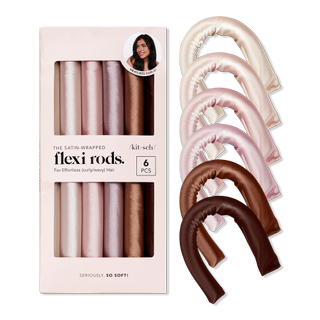 box of Kitsch Rosewood Satin Flexi Rods beside loose ones on a gray background