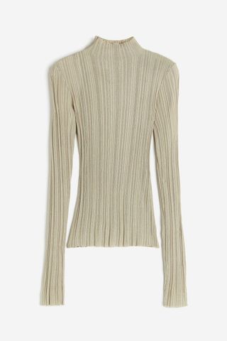 Sheer Rib-Knit Mock Turtleneck Top