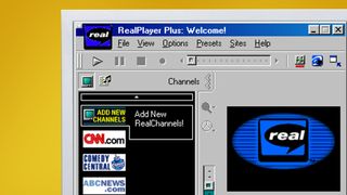 A monitor on a yellow background showing RealPlayer