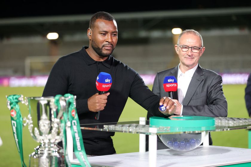 Wes Morgan and Martin O&#039;Neill draw the balls for the second round of the Carabao Cup after the Carabao Cup First Round match between Burton Albion and Leicester City at Pirelli Stadium on August 9, 2023 in Burton-upon-Trent, England.