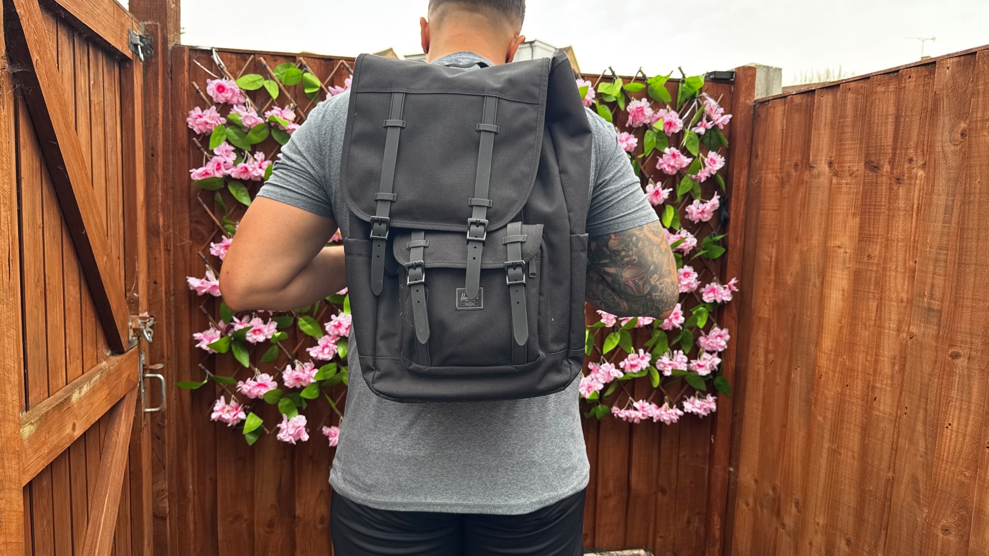 Man hiking with heavy backpack