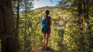 Rear view of woman standing on mountain against sky,Steamboat Springs,Colorado,