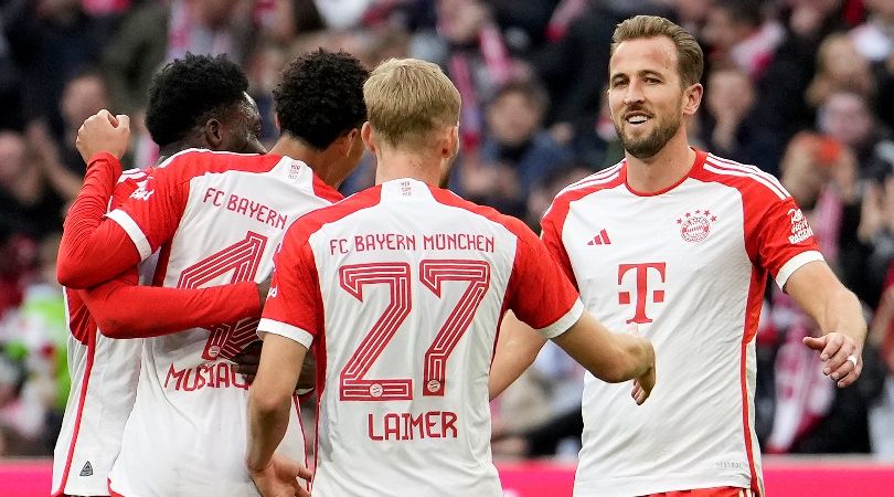 Bayern Munich players celebrate one of their goals in an 8-0 win over Darmstadt in october 2023.