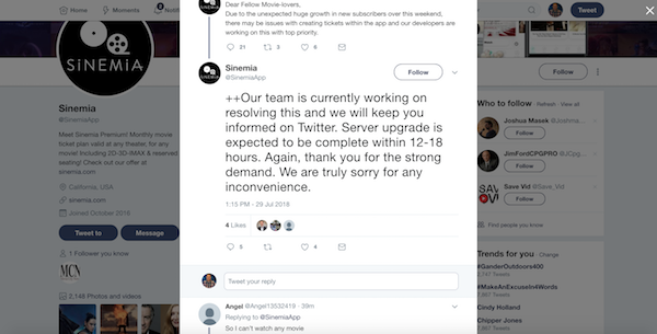 Sinemia Error Message on Twitter