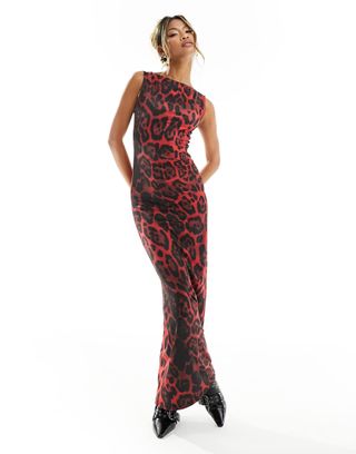 Asos Design Slash Neck Maxi Dress in Red Leopard Print