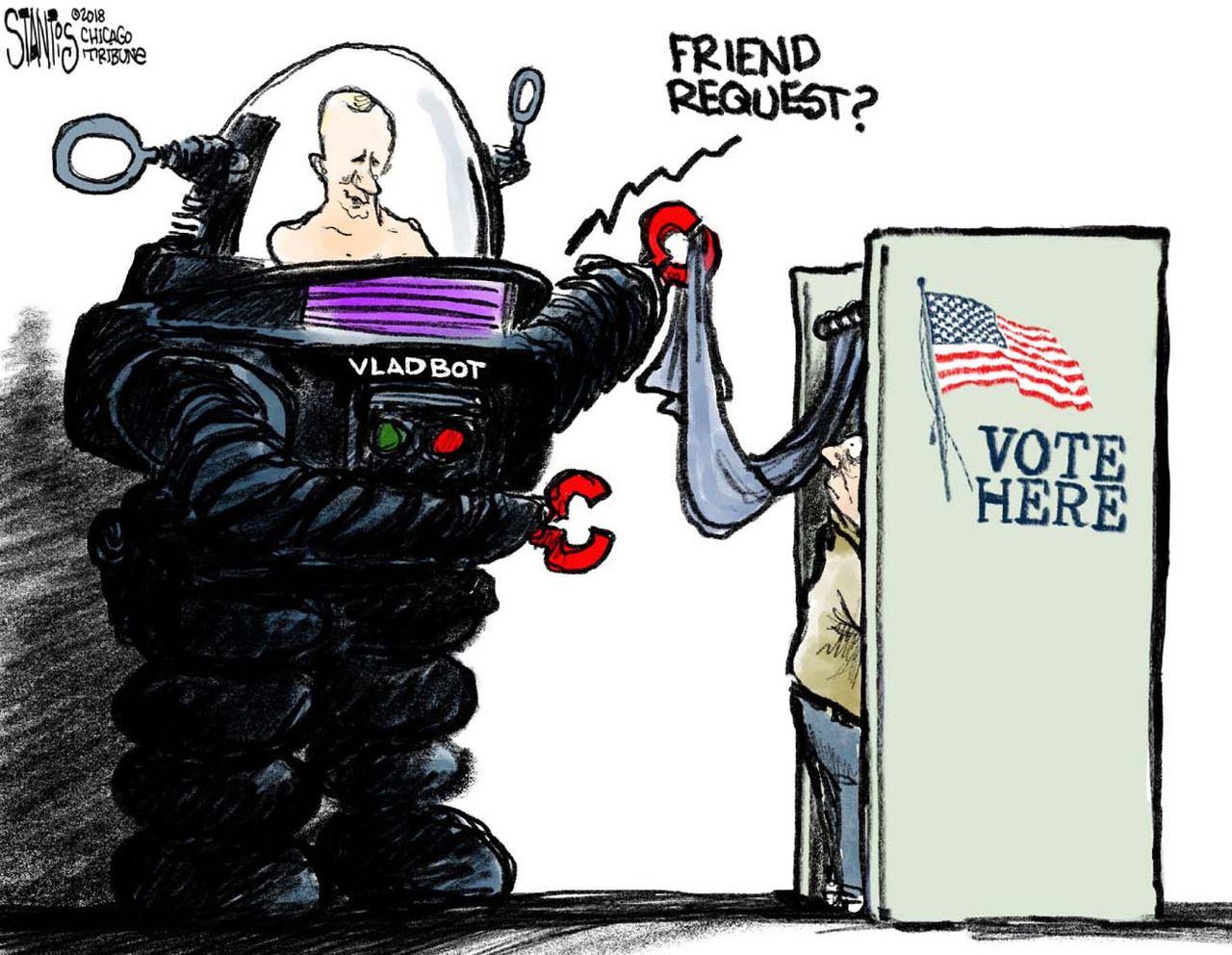 Political cartoon U.S. Putin Russian trolls online 2018 midterms election meddling