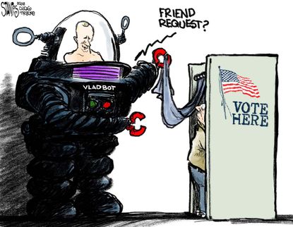 Political cartoon U.S. Putin Russian trolls online 2018 midterms election meddling