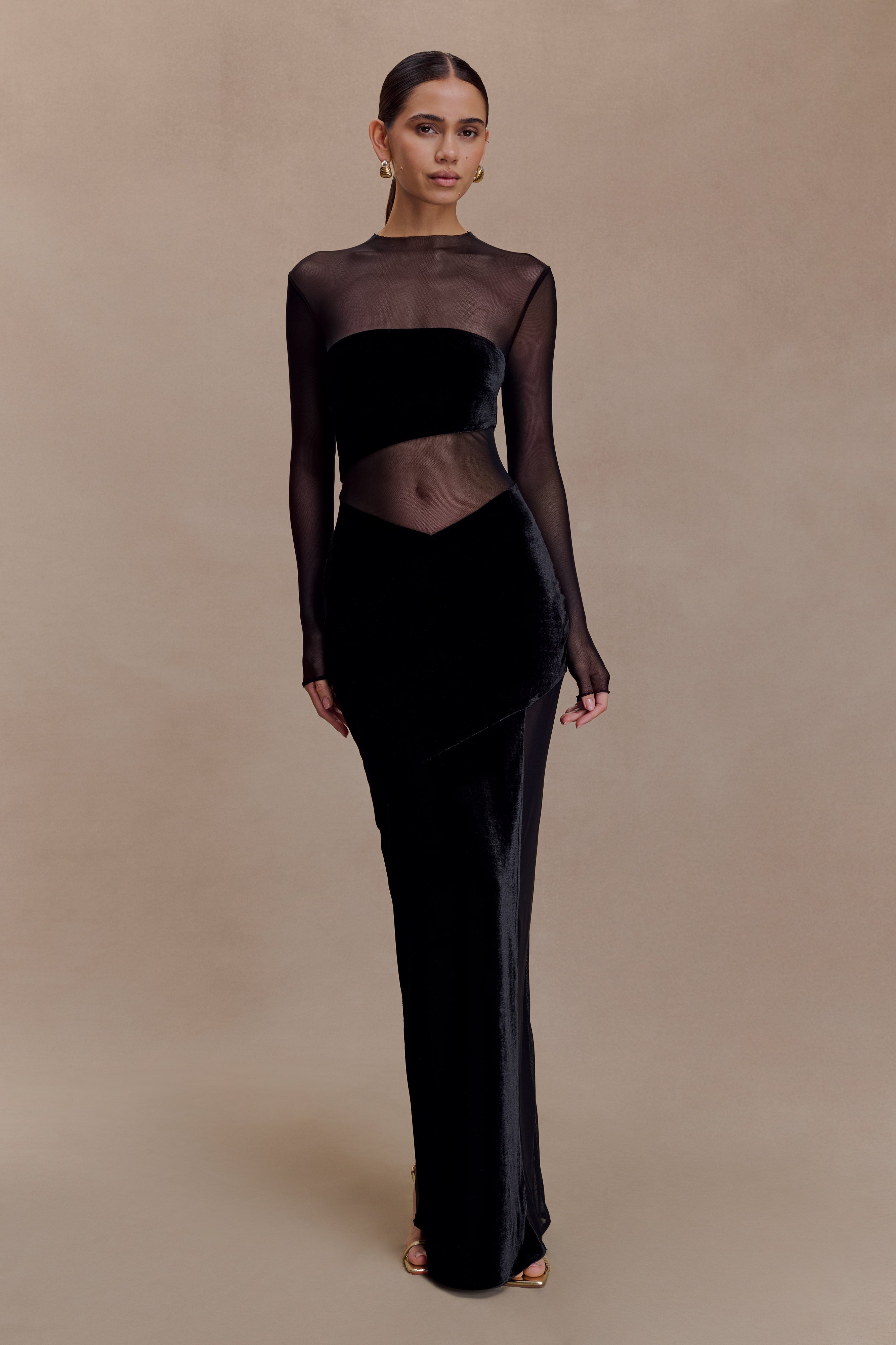 Davina Velvet and Mesh Maxi Dress - Black Xxs