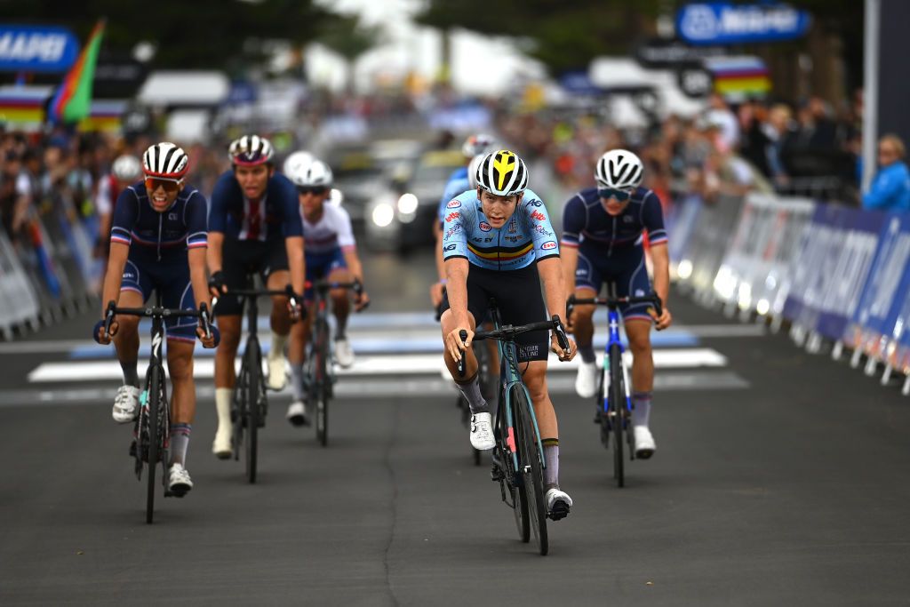 WOLLOGONG AUSTRALIA SEPTEMBER 23 Vlad Van Mechelen of Belgium C crosses the finish line during the 95th UCI Road World Championships 2022 Men Junior Road Race a 1356km race from Wollongong to Wollongong Wollongong2022 on September 23 2022 in Wollongong Australia Photo by Tim de WaeleGetty Images