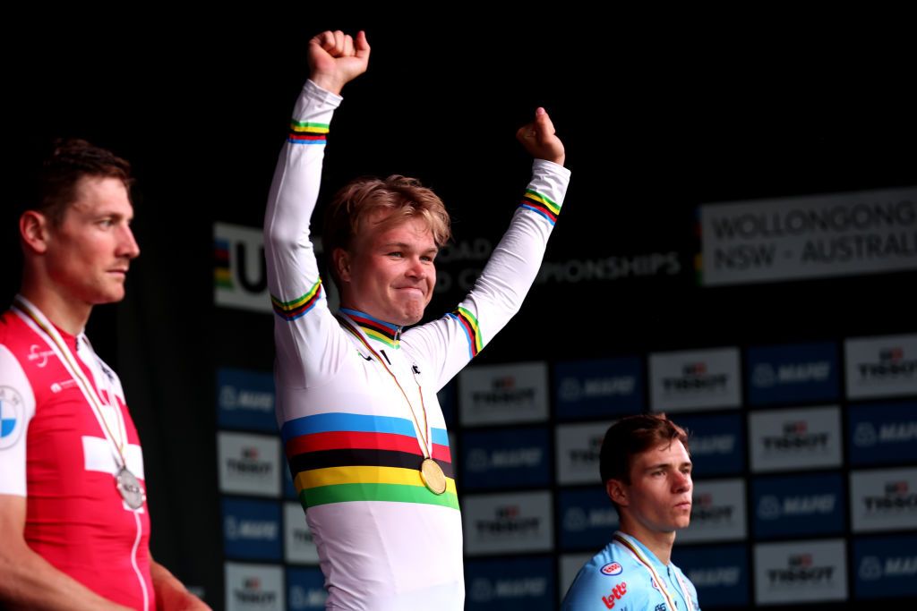 WOLLONGONG AUSTRALIA SEPTEMBER 18 Gold medalist Tobias S Foss of Norway celebrates winning during the medal ceremony after the 95th UCI Road World Championships 2022 Men Individual Time Trial a 342km individual time trial race from Wollongong to Wollongong Wollongong2022 on September 18 2022 in Wollongong Australia Photo by Con ChronisGetty Images