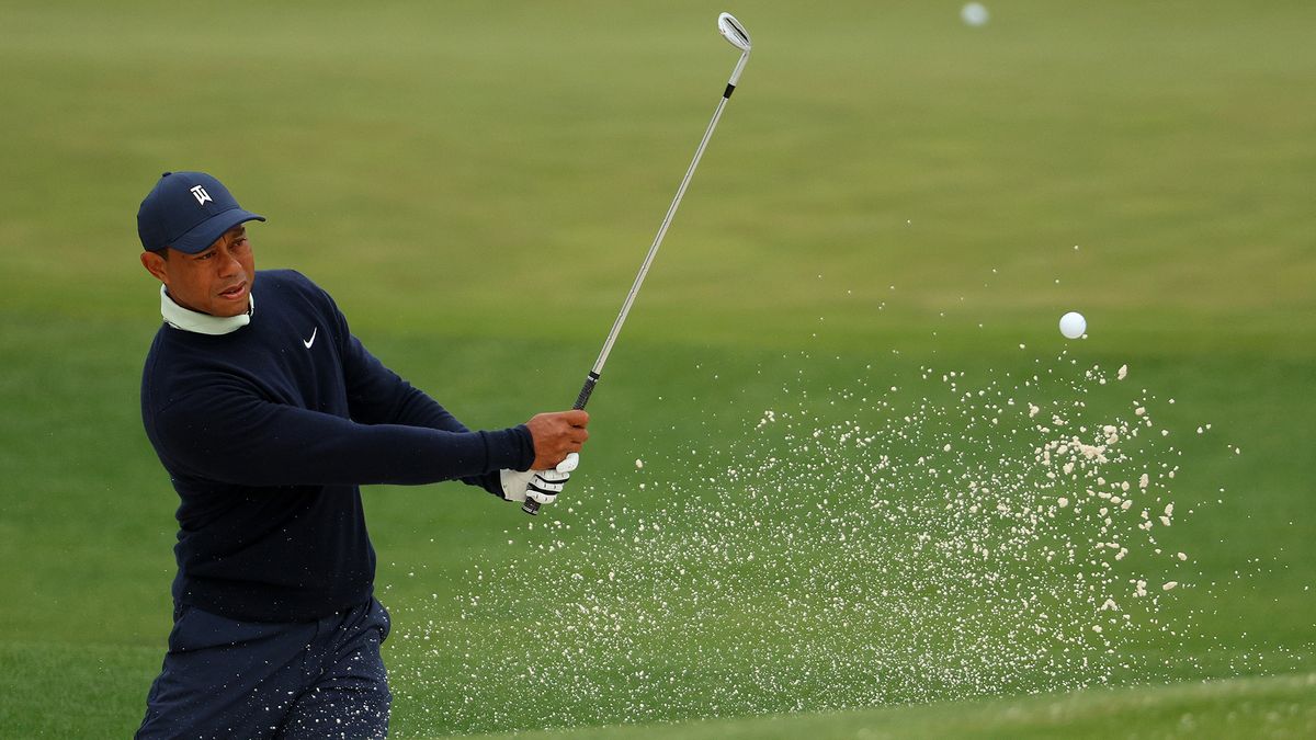 Tiger Woods of the United States warms up on the range during a practice round prior to the Masters at Augusta National Golf Club on April 05, 2022 in Augusta, Georgia.