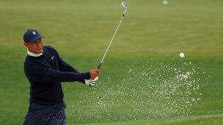 Tiger Woods of the United States warms up on the range during a practice round prior to the Masters at Augusta National Golf Club on April 05, 2022 in Augusta, Georgia.