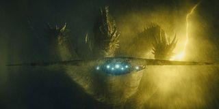 Ghidorah stares down the Argo during a huge storm in Godzilla: King of the Monsters.