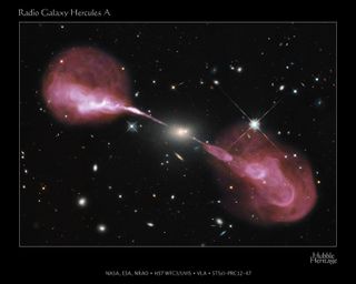 The same physical processes that power microquasars such as MQ1 are also at work in active galaxies and quasars (at much larger scales). Here we can see the same structure (powerful central black hole, jets, lobes) in the active galaxy Hercules A. In both classes of systems, the energy comes from the infall of gas towards the central black hole.