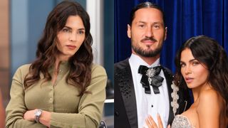 From left to right: Jenna Dewan folding her arms on The Rookie and Valentin Chmerkovskiy and Jenna Dewan posing together for Dancing with the Stars. 