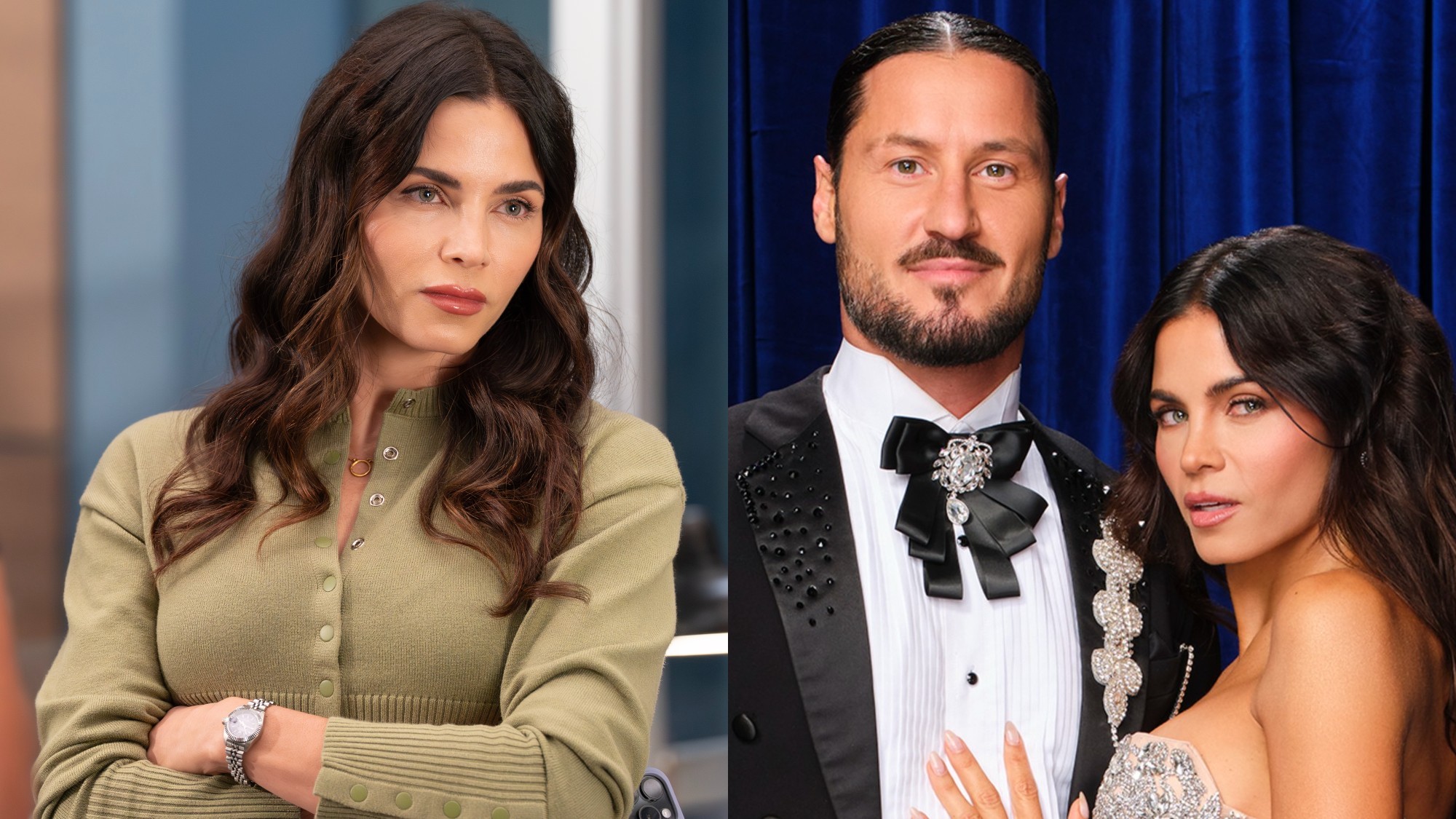 From left to right: Jenna Dewan folding her arms on The Rookie and Valentin Chmerkovskiy and Jenna Dewan posing together for Dancing with the Stars. 