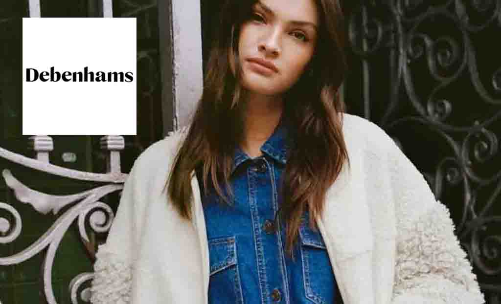 Debenhams logo placed over a picture of a girl in a white wooly jacket 