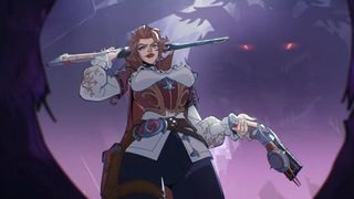 Marvel Rivals Season 6: Elsa Bloodstone from the S6 reveal trailer posing with her rifle over her shoulders and a smaller gun in her left hand, with a large monster in the distance.