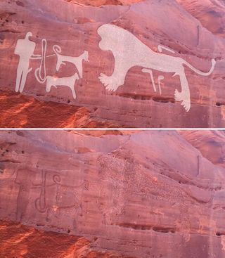 This hunting scene shows a lion and two dogs (a further five dogs are engraved behind the lion, not visible in the image). Hanakiyah tools are engraved below the belly and above the back of the lion; these may represent at type of tool used to butcher or skin animals.