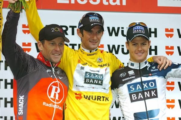 The final podium (l-r): Lance Armstrong, Fr&auml;nk Schleck, Jakob Fuglsang