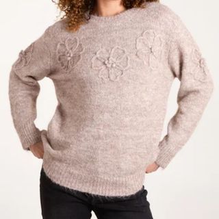 Blue Vanilla Mocha Knit Flower Embroidery Jumper