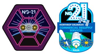 two space mission patches, one of them purple and hexagonal and the other oval and blue, featuring the number 21