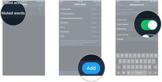 screenshots displaying the aformentioned steps for muting keywords in your Twitter timeline