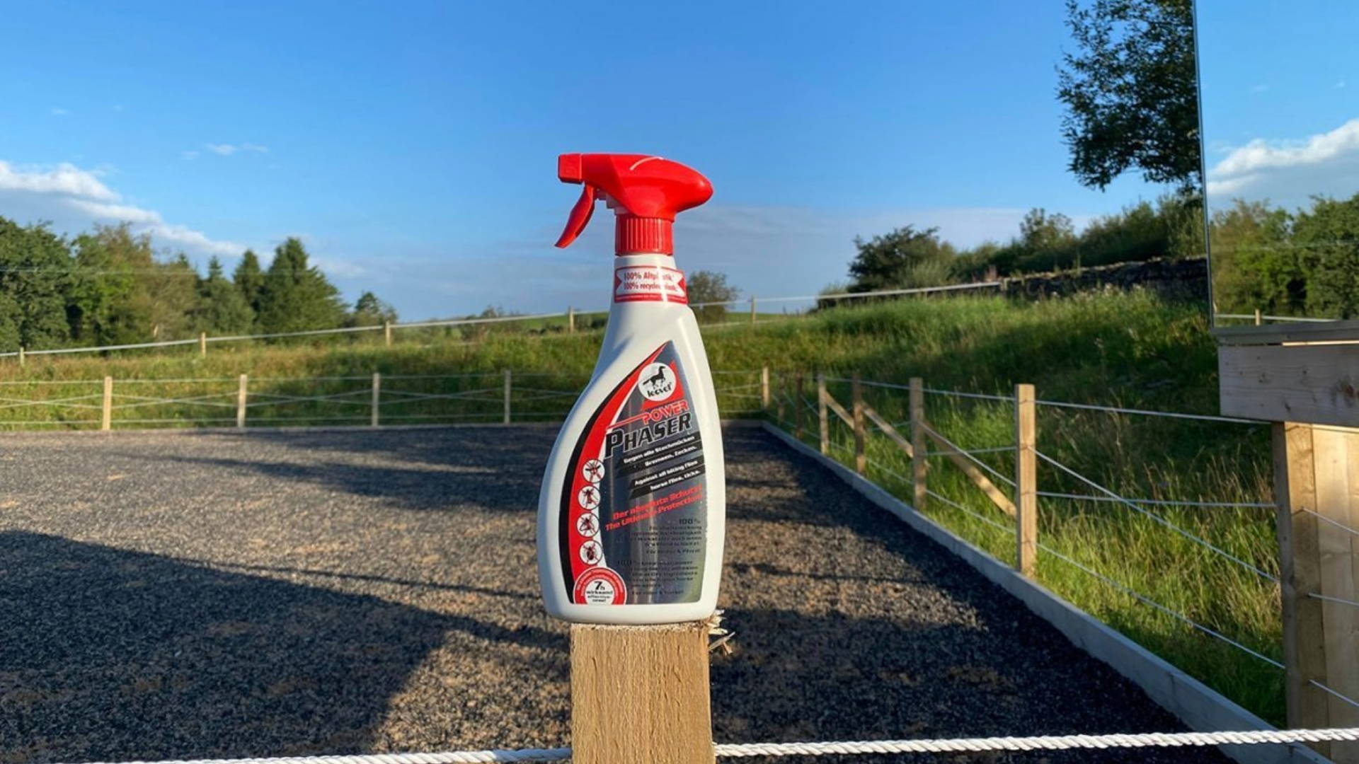 Leovet Power Phaser Fly Spray on a post in front of a school