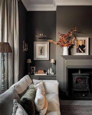 Living room with dark gray walls