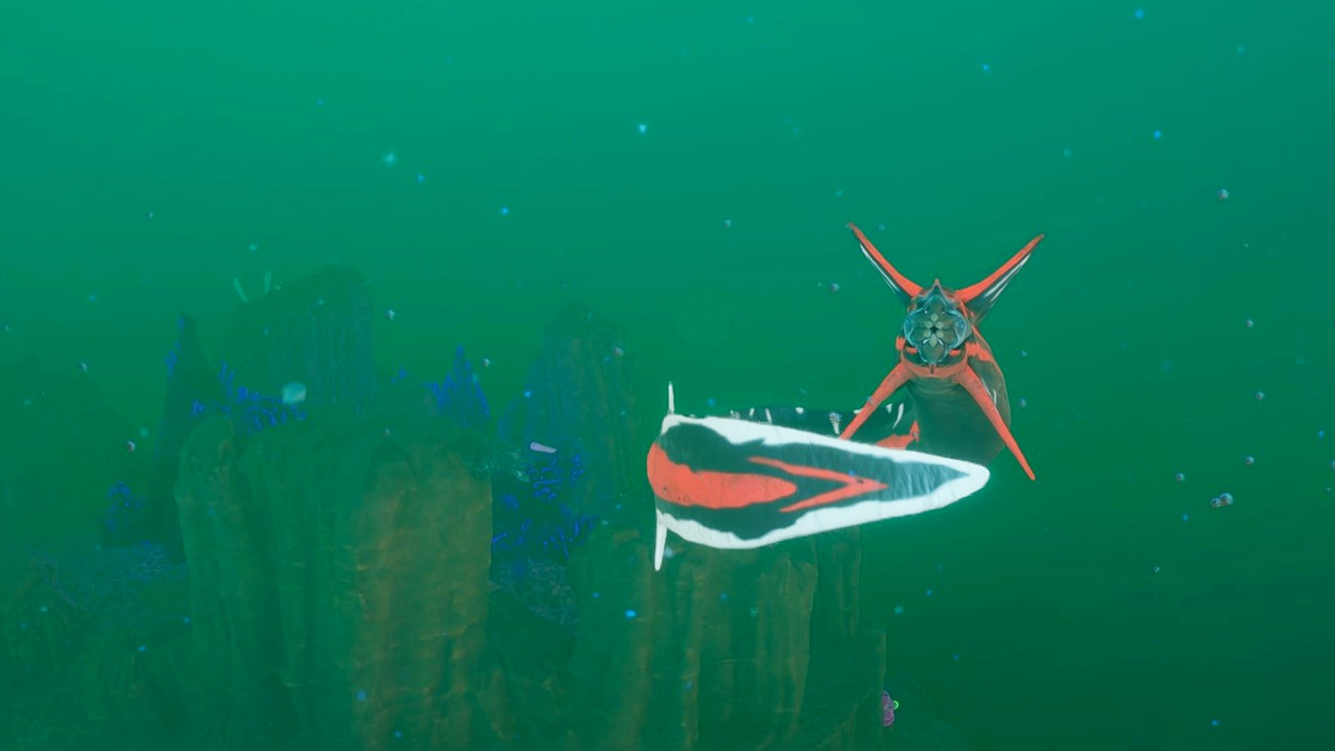 A Needler Mango aims towards the player in Subnautica 2