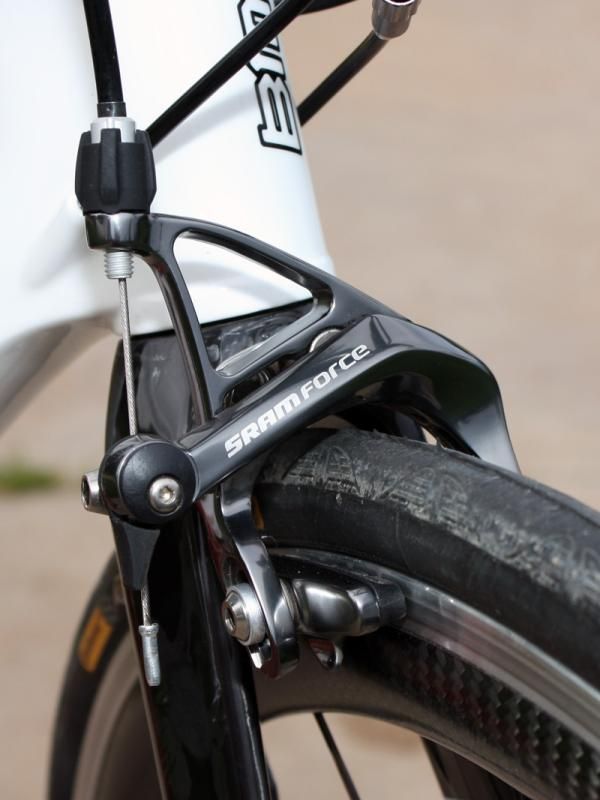The more aggressively triangulated arm of the 2010 SRAM Force brake caliper lends a slightly stiffer feel at the lever
