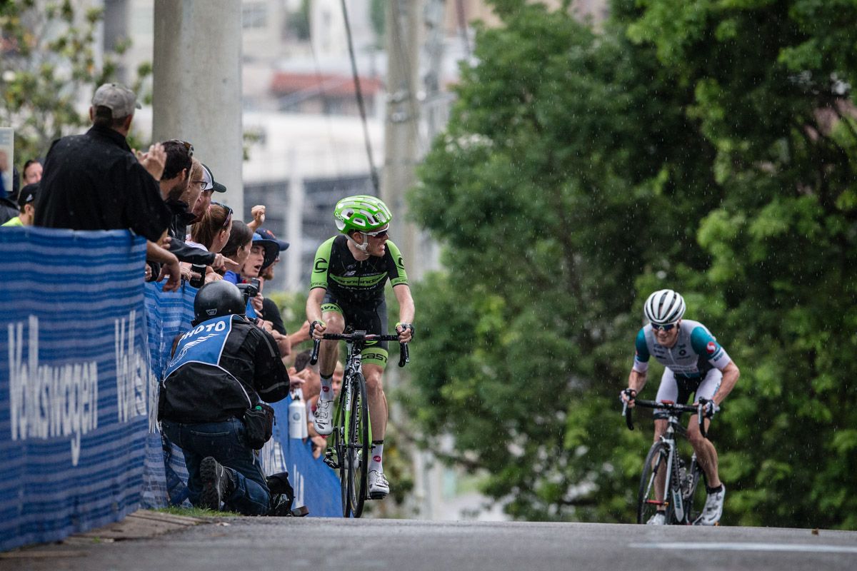 Andrew Talansky (Cannondale-Garmin) looks back on the climb to see Chris Horner (Airgas) closing in.