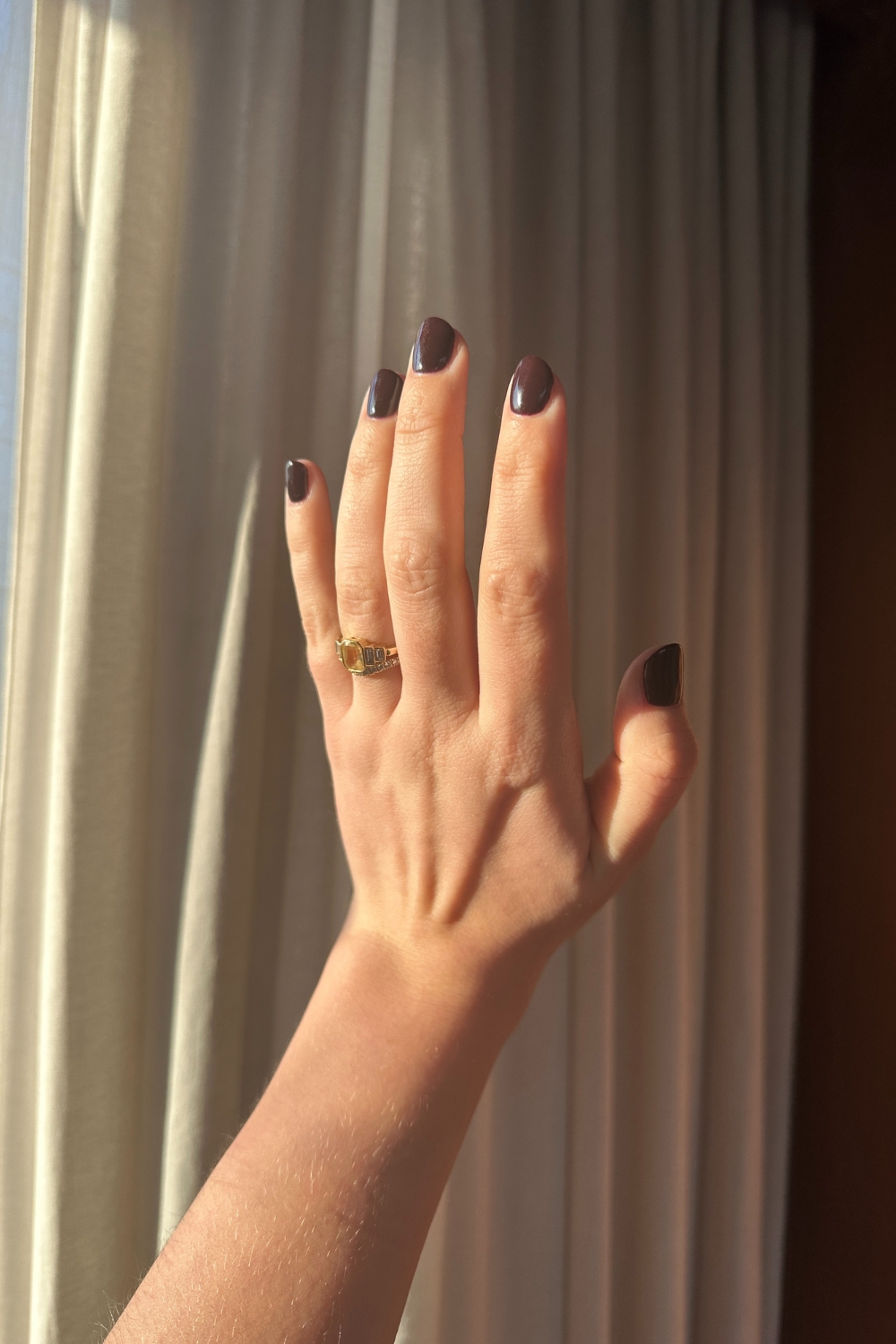 A Bio Sculpture manicure in shade Erica, worn by beauty director Shannon Lawlor