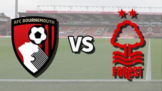 The AFC Bournemouth and Nottingham Forest club badges on top of a photo of the Vitality Stadium in Bournemouth, England