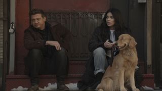 Clint Barton, Kate Bishop and Pizza Dog in Hawkeye episode 3
