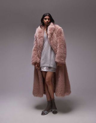 Topshop Faux Fur Long Coat in Pink